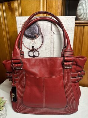 Tignanello Red Leather Shoulder Bag with Contrast Stitching